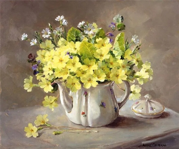 Известная Британская художница Энн Коттерилл (Anne Cotterill, 1933-2010 почти всё своё творчество посвятила изображению восхитительных настольных букетов. Она всегда утверждала, что у цветов