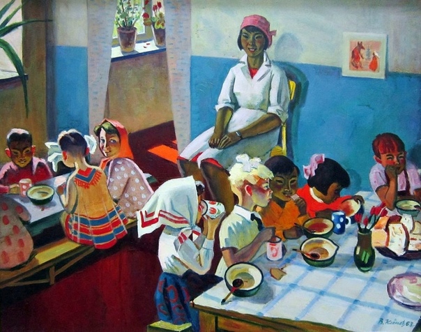 Красочная картина «Детский сад в Калмыкии» Художник: Владимир Клёнов, 1963 год.