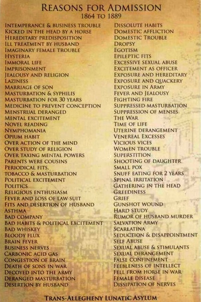 Список причин, из-за которых людей помещали в сумасшедший дом в 19 веке. Согласно Snopes, хотя этот список часто публикуется как шутка, он коренится в правде. Список был составлен из журнала