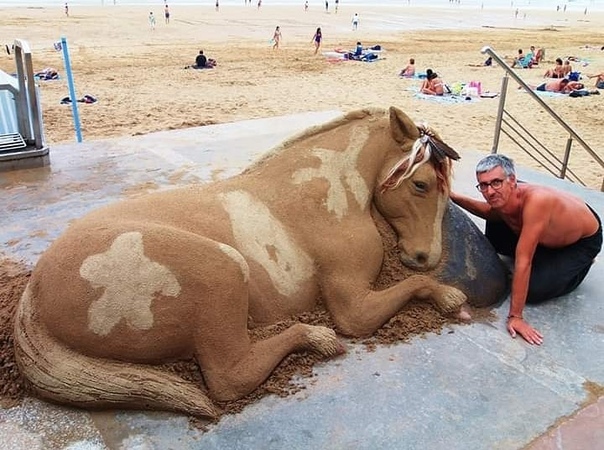 Песчаные животные Испанский скульптор Андони Бастаррика каждое лето создает всех этих удивительных существ из обычного песка. Из хрупкого материала он лепит гиперреалистичных животных.