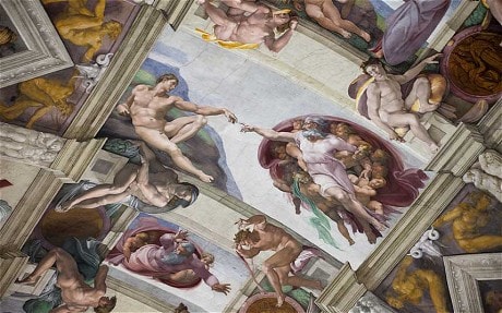 Микеланджело. Бог и Адам с протянутыми руками друг к другу